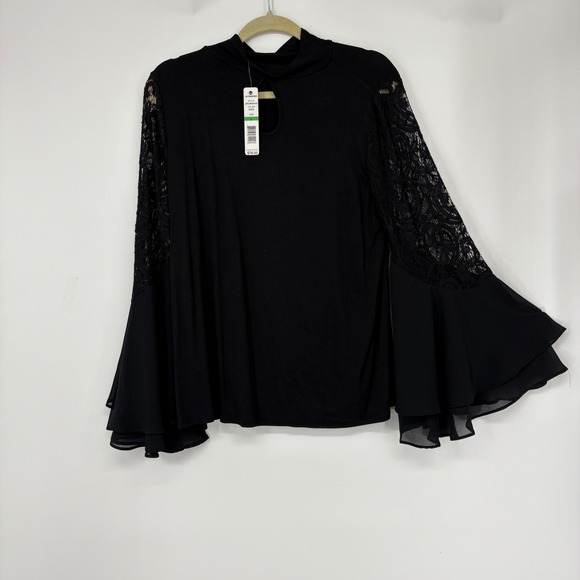 NWT L Joseph A Black Mock Neck Keyhole Bell Sleeve Lace Detail Blouse Top Dressy - Picture 2 of 13